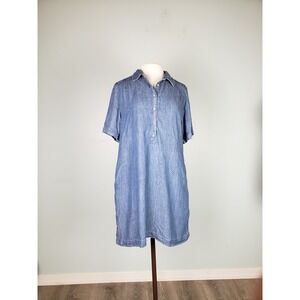 FAHERTY‎ Women's L Hana Shift Dress Indigo Blue Chambray Linen Blend Pockets